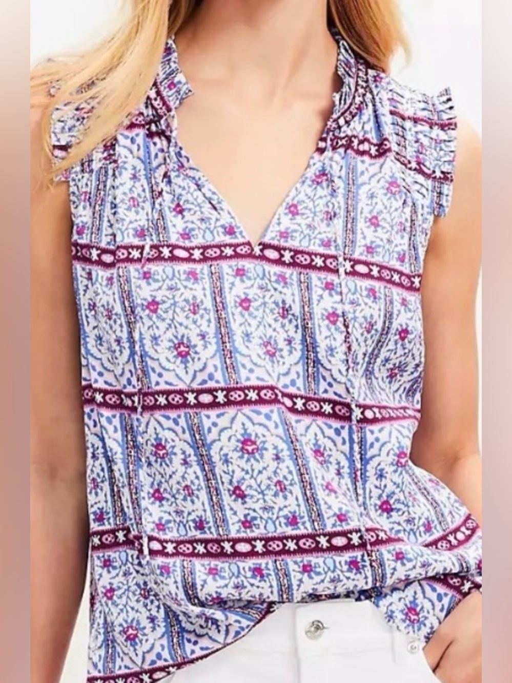 LOFT sleeveless floral peasant blouse S Ruffle Cap sleeve V-Neck Boho Resortwear
